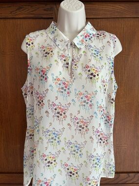 CABI. Sleeveless Floral Collared Blouse - White Multi. Size medium.